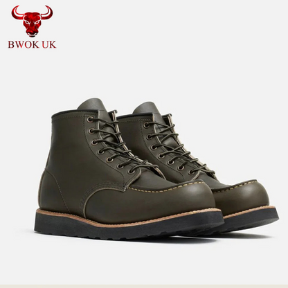 Olive Green Leather Moc Toe Boots