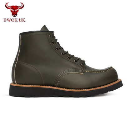 Olive Green Leather Moc Toe Boots