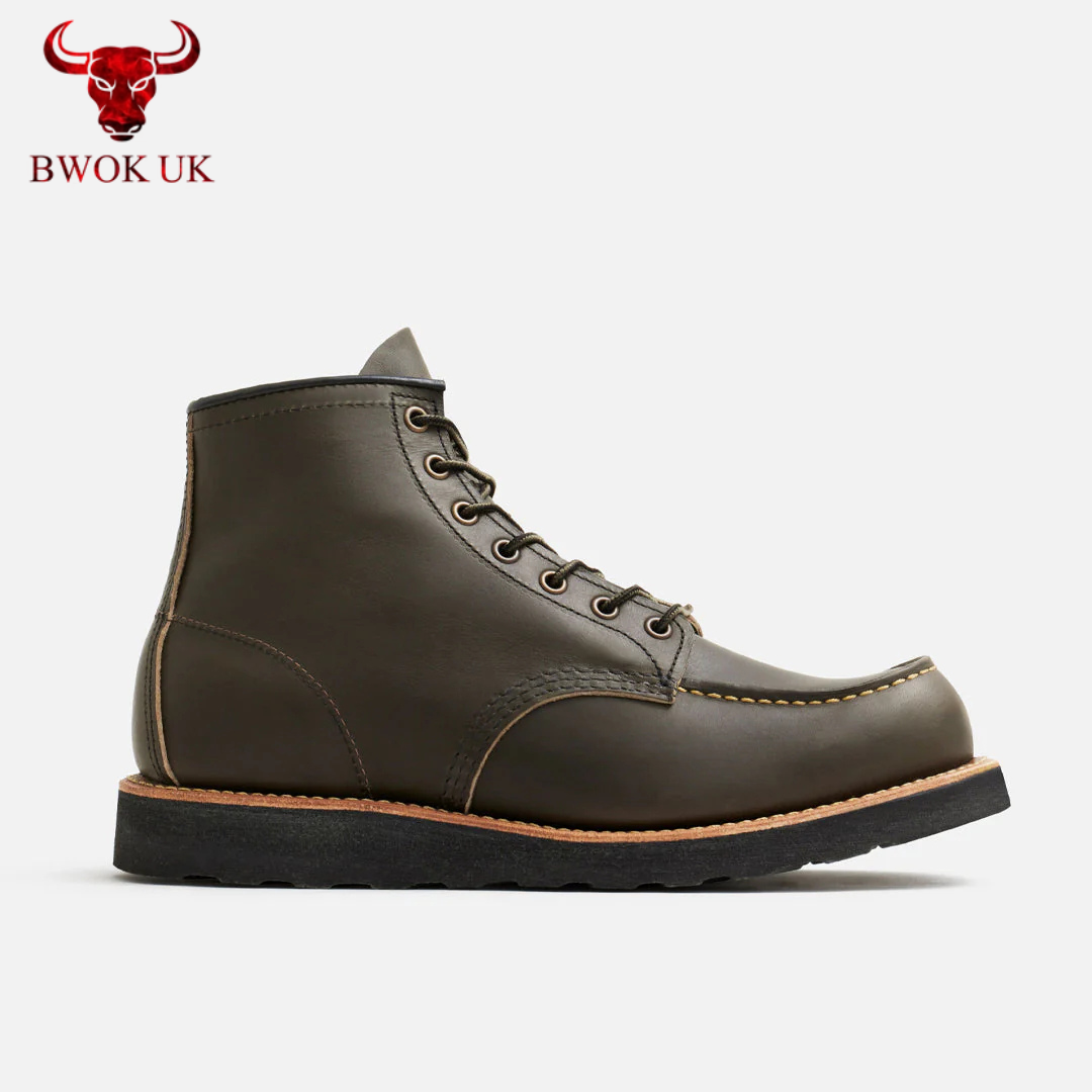 Olive Green Leather Moc Toe Boots