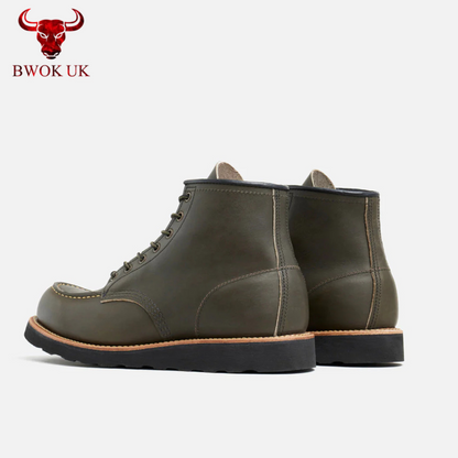 Olive Green Leather Moc Toe Boots