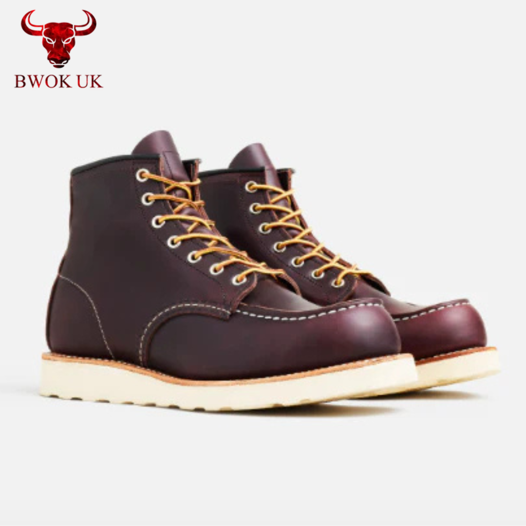 Burgundy Leather Moc Toe Boots