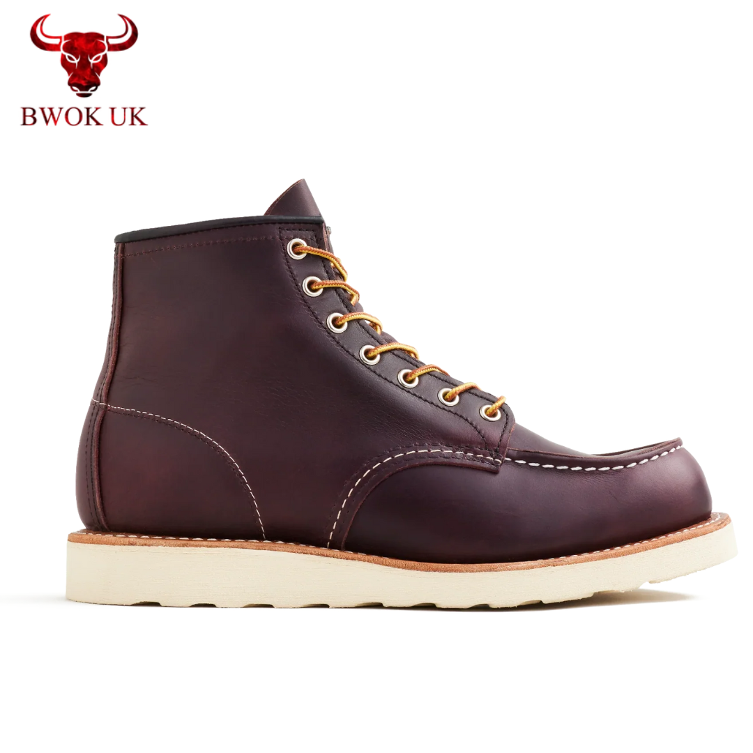 Burgundy Leather Moc Toe Boots