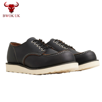 Black Leather Moc Toe Derby Shoes