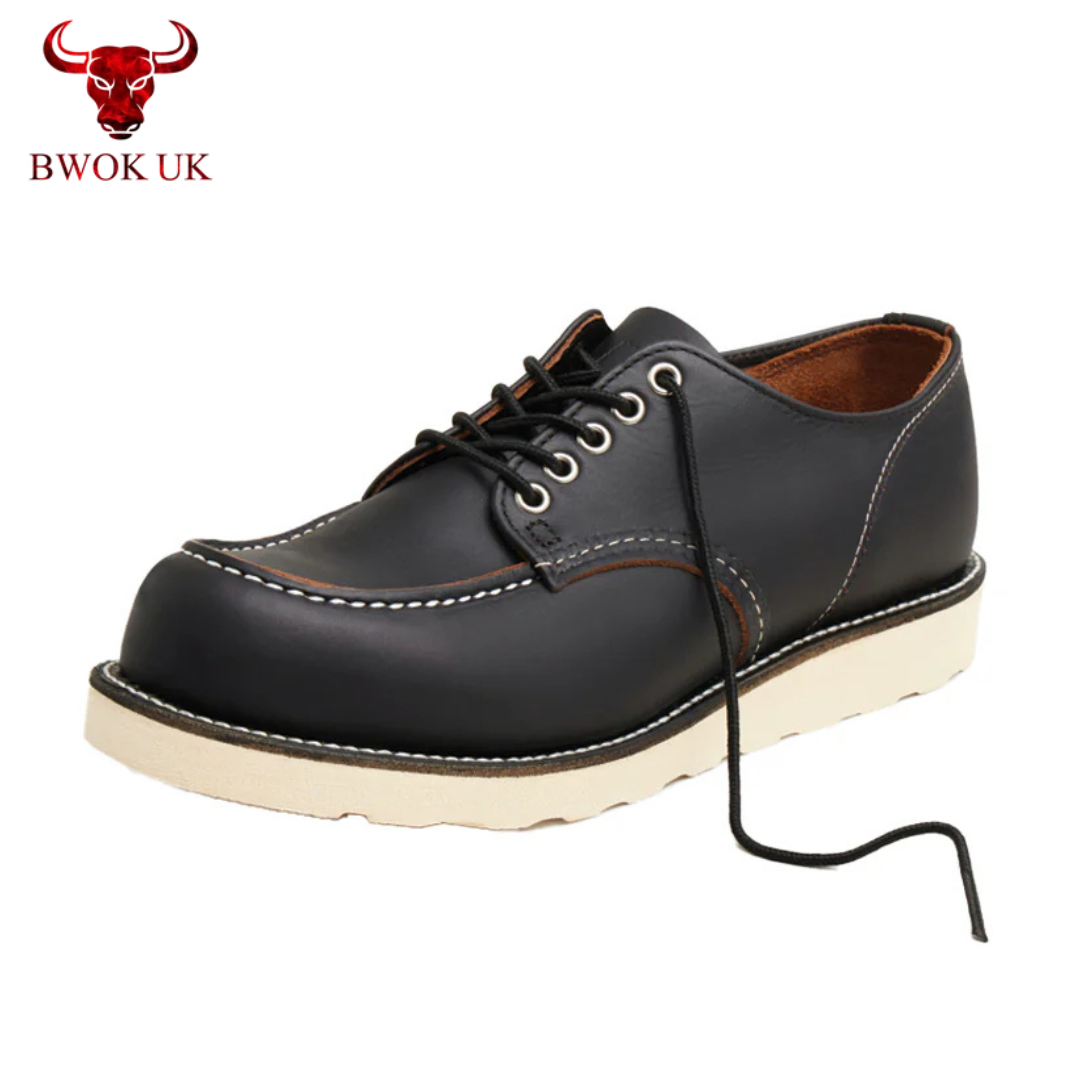 Black Leather Moc Toe Derby Shoes
