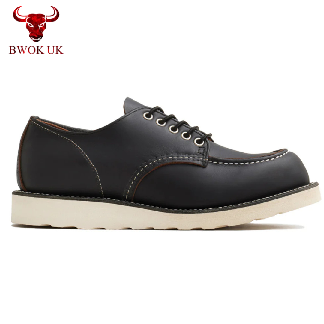Black Leather Moc Toe Derby Shoes