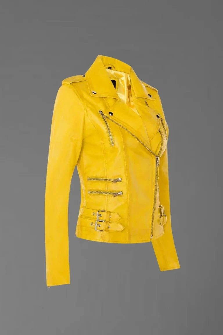 Radiant Edge – Women’s Yellow Leather Biker Jacket - Bwok limited