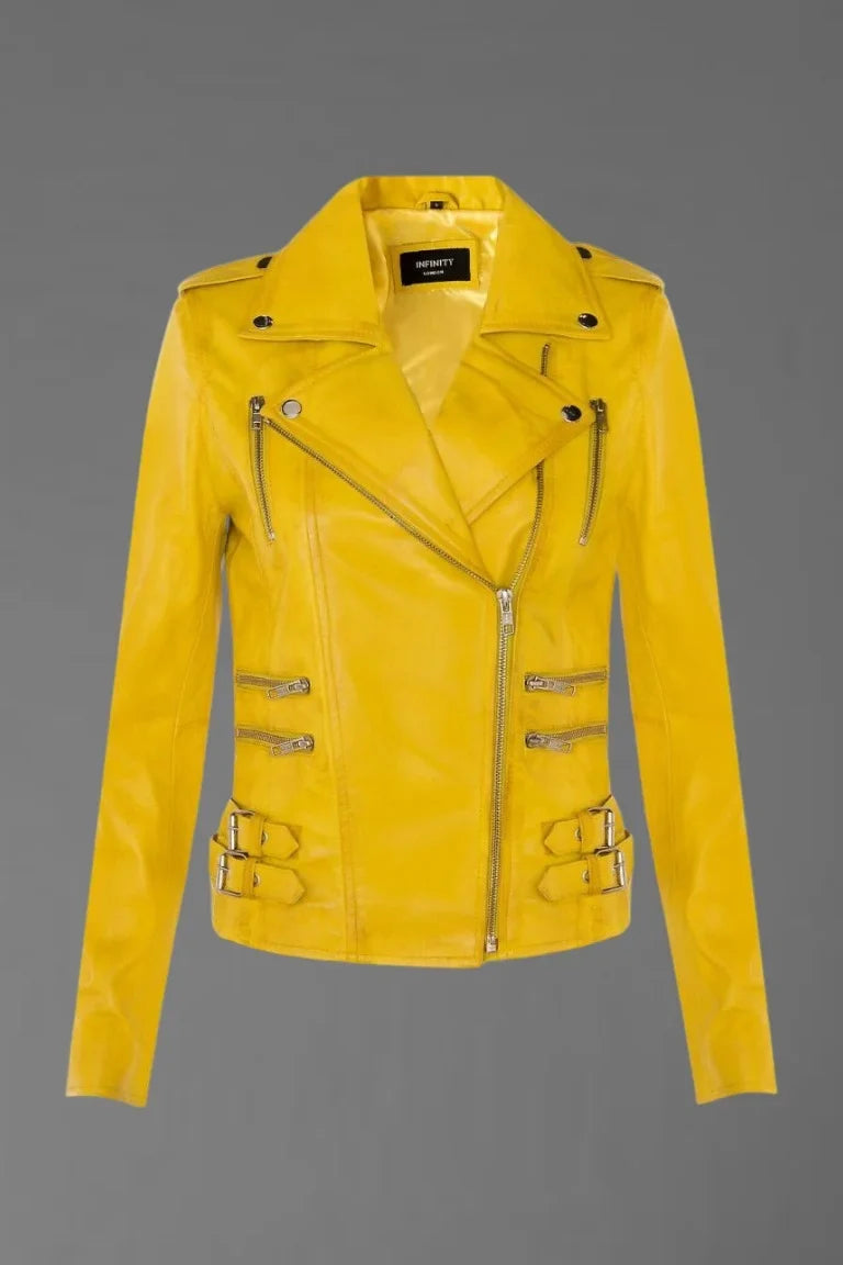 Radiant Edge – Women’s Yellow Leather Biker Jacket - Bwok limited