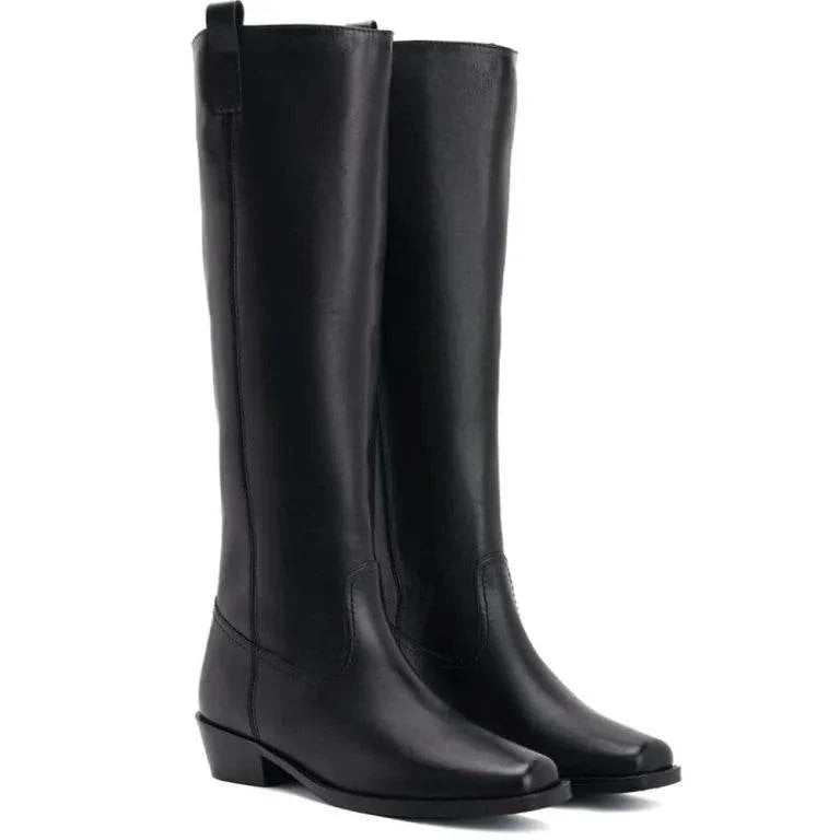 Black Leather Knee-High Boots - Bwok limited