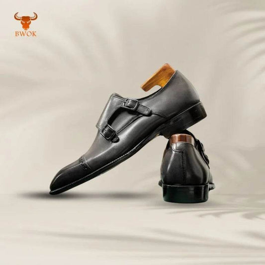 Black Leather Monk Shoes - Bwok limited