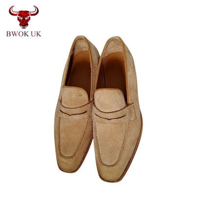 Tan Suede Penny Loafers