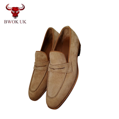 Tan Suede Penny Loafers
