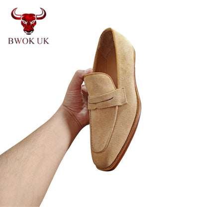 Tan Suede Penny Loafers