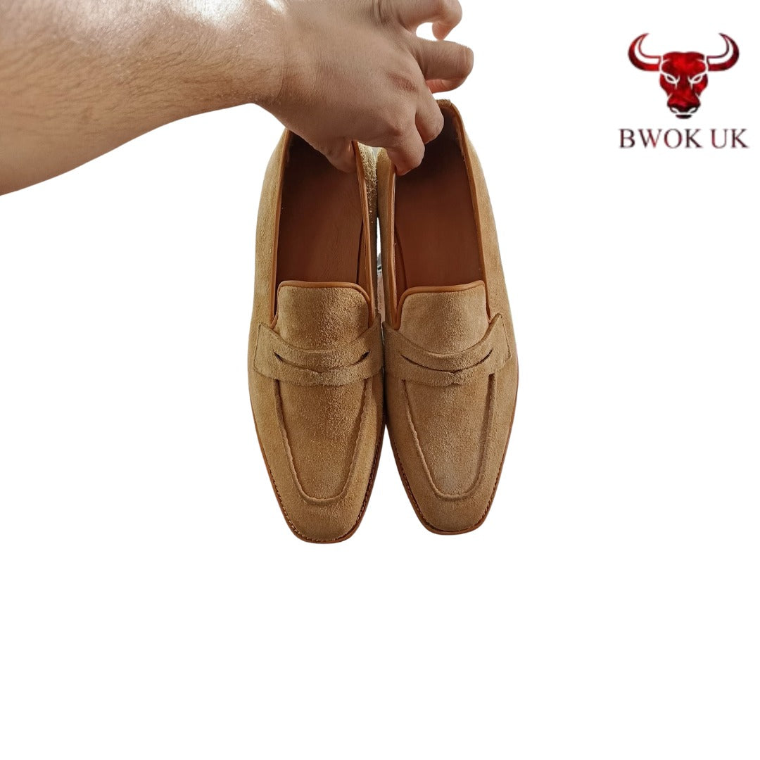 Tan Suede Penny Loafers