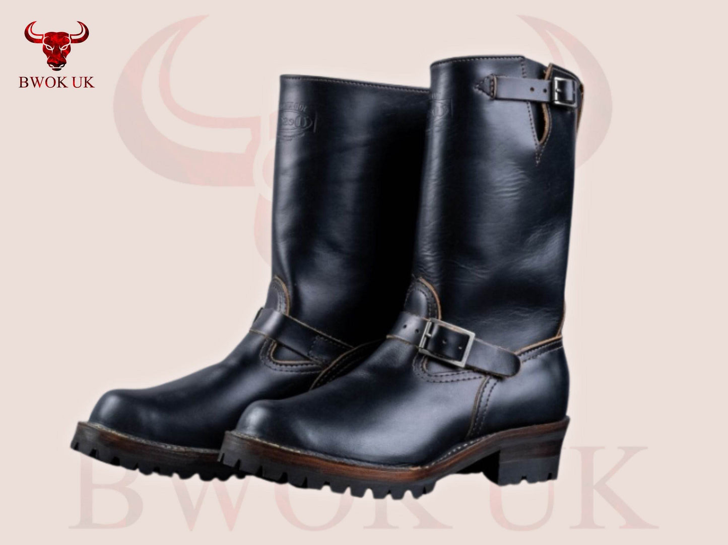 Black Leather Engineer Boots - Bwok limited