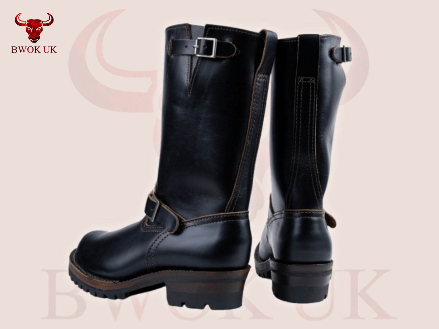 Black Leather Engineer Boots - Bwok limited