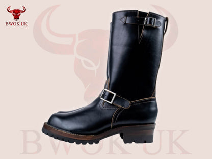 Black Leather Engineer Boots - Bwok limited