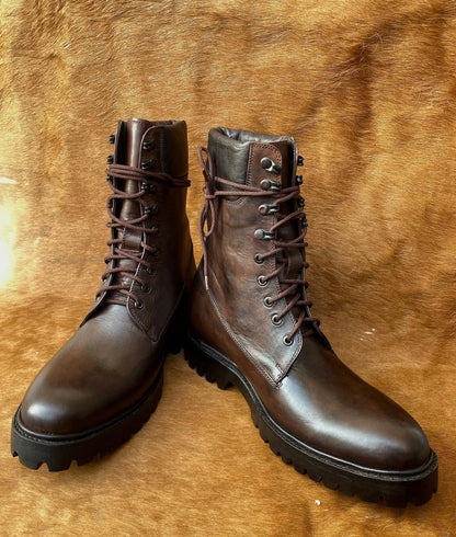 Brown Leather Lace-Up Boots