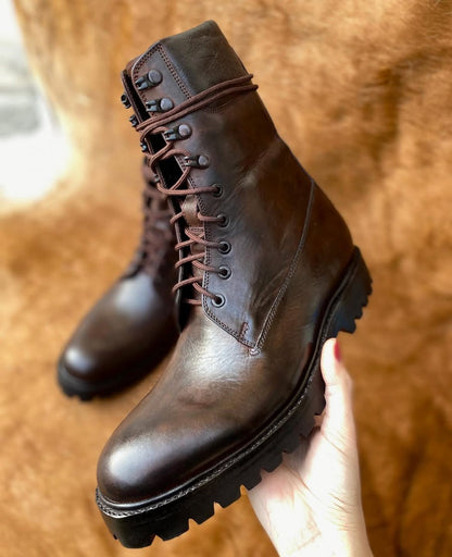 Brown Leather Lace-Up Boots