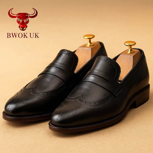 Black Leather Brogue Loafers - Bwok limited