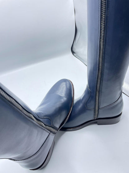 Handmade Blue Leather Tall Riding Boots