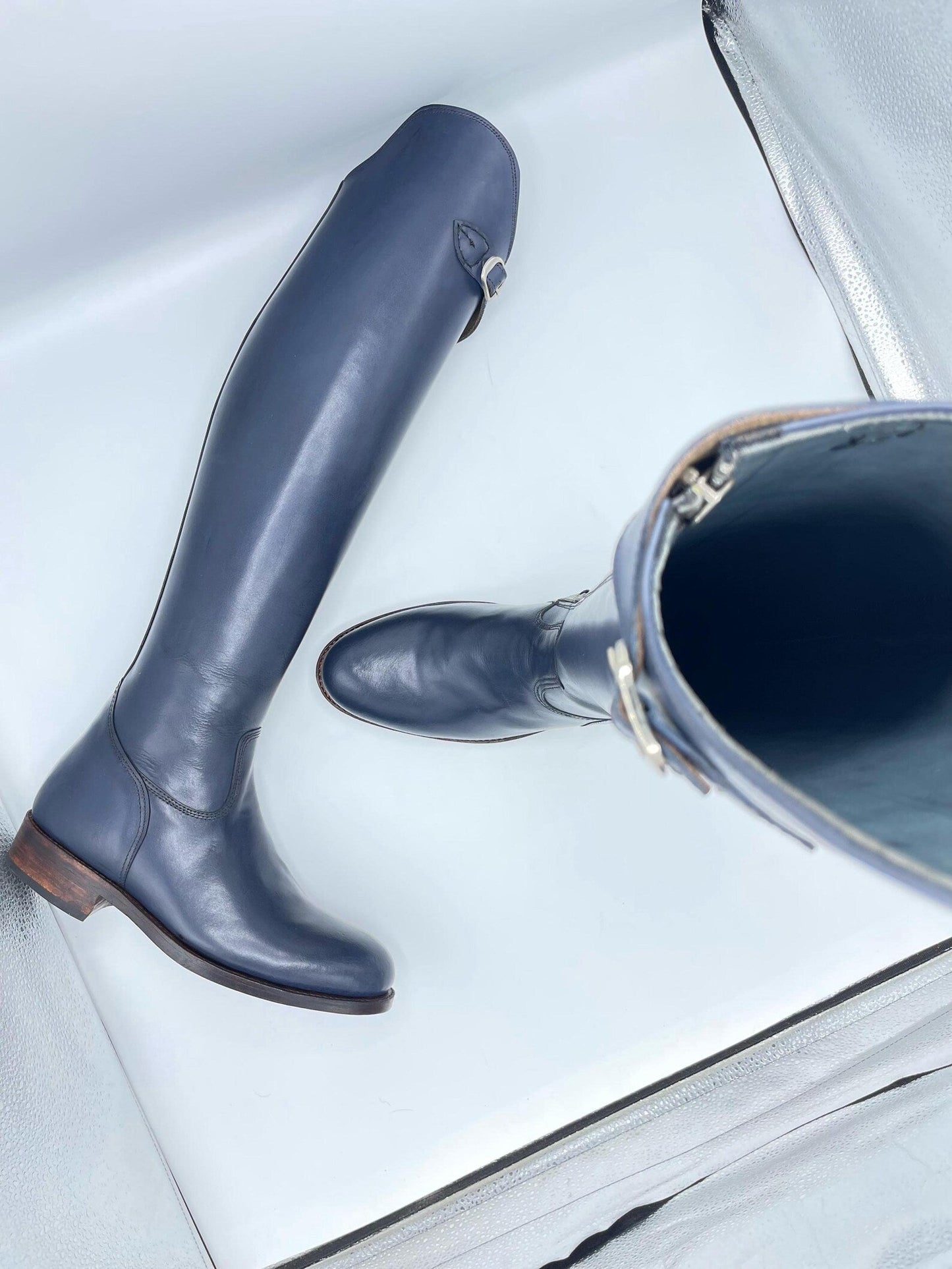 Handmade Blue Leather Tall Riding Boots