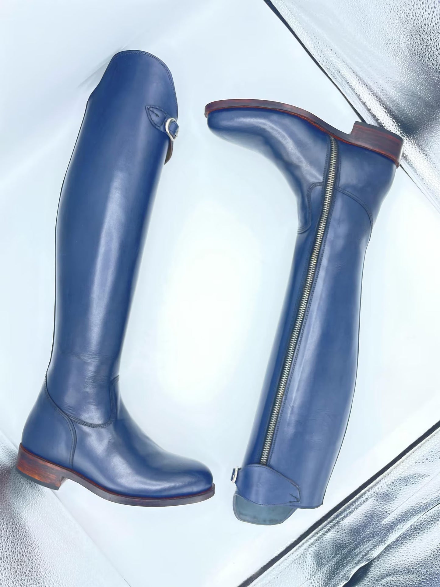 Handmade Blue Leather Tall Riding Boots