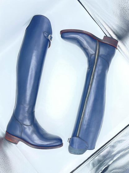 Handmade Blue Leather Tall Riding Boots