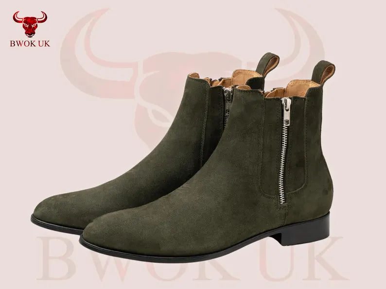 Olive Green Suede Chelsea Boots - Bwok limited