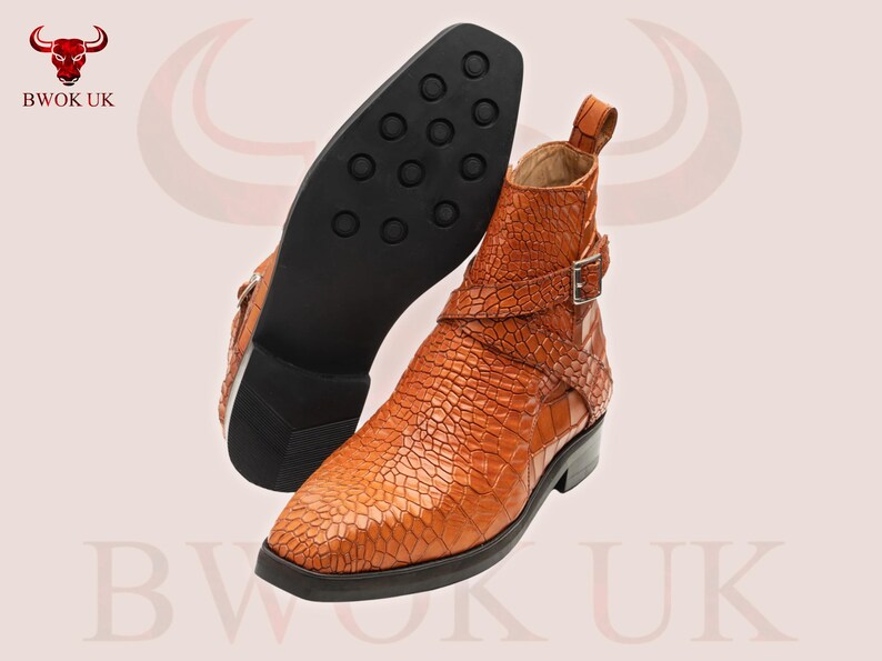 Cognac Croc-Embossed Leather Ankle Boots - Bwok limited