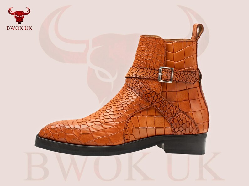 Cognac Croc-Embossed Leather Ankle Boots - Bwok limited