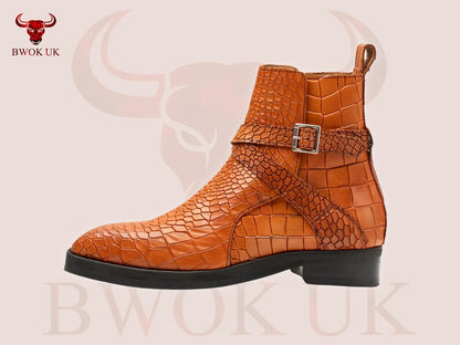 Cognac Croc-Embossed Leather Ankle Boots - Bwok limited