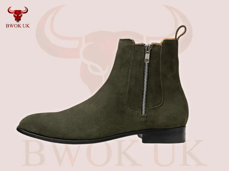 Olive Green Suede Chelsea Boots - Bwok limited