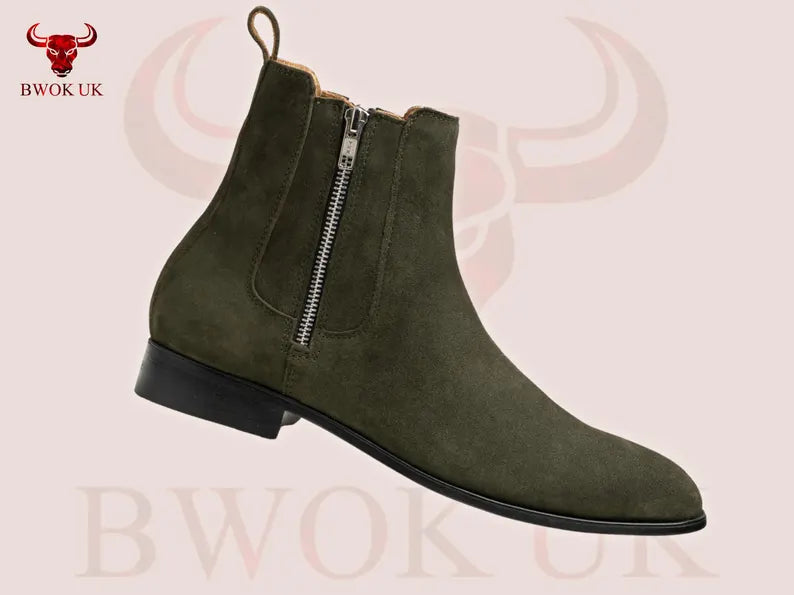 Olive Green Suede Chelsea Boots - Bwok limited