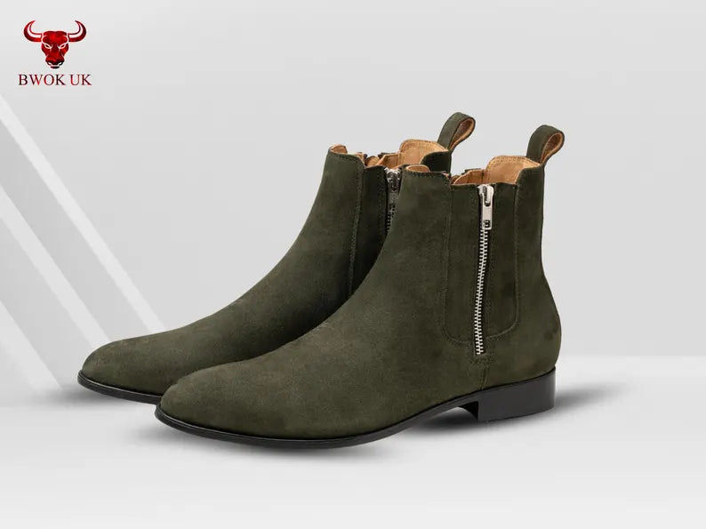 Olive Green Suede Chelsea Boots - Bwok limited