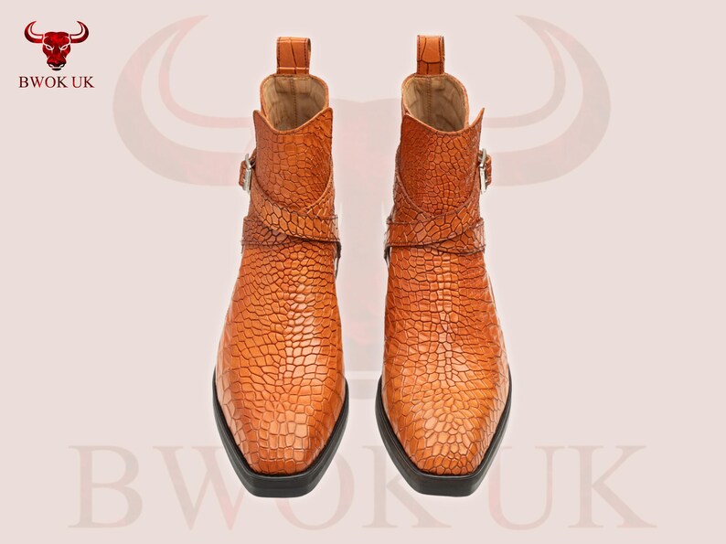 Cognac Croc-Embossed Leather Ankle Boots - Bwok limited