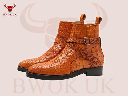 Cognac Croc-Embossed Leather Ankle Boots - Bwok limited